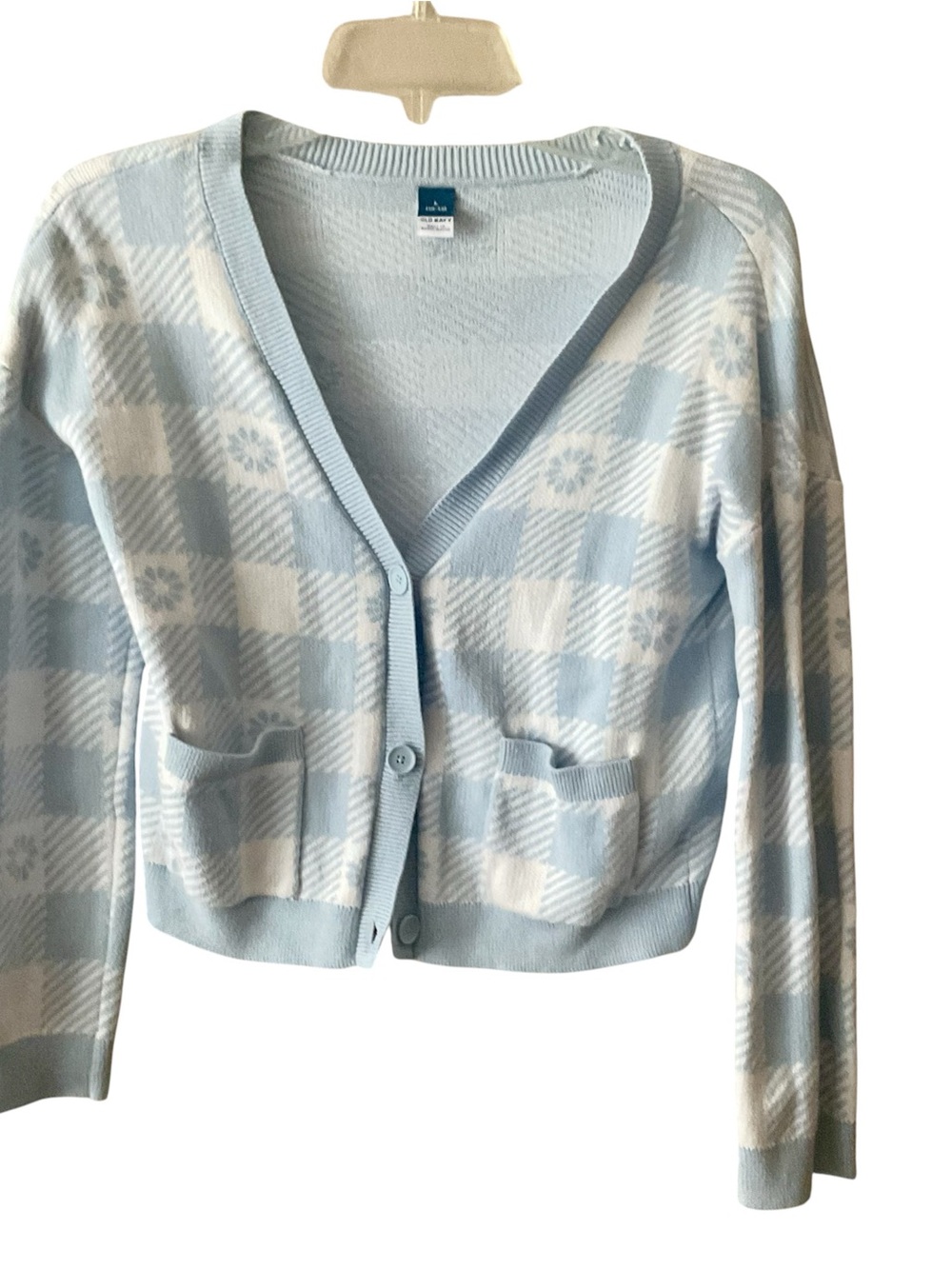 Old Navy Light Blue and White Check Plaid V-Neck Cardigan